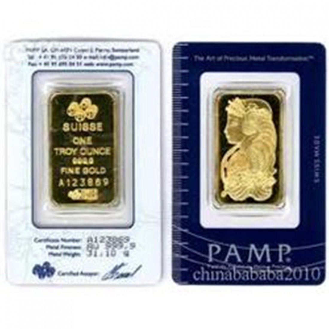 1 oz Pamp Suisse Gold Ingot on Assay Card: From the finest Swiss foundry the Pamp Suisse 1 oz bullion ingot is .9999 pure.
