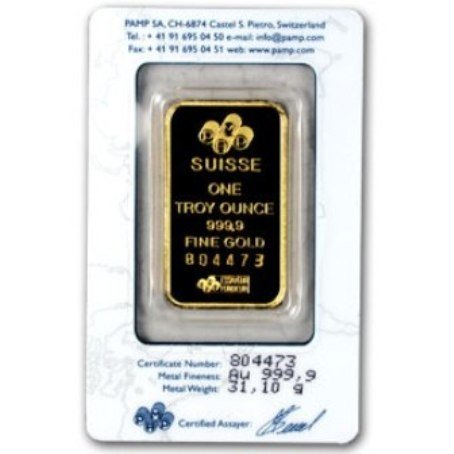 1 oz Pamp Suisse Gold Ingot on Assay Card: From the finest Swiss foundry the Pamp Suisse 1 oz bullion ingot is .9999 pure.