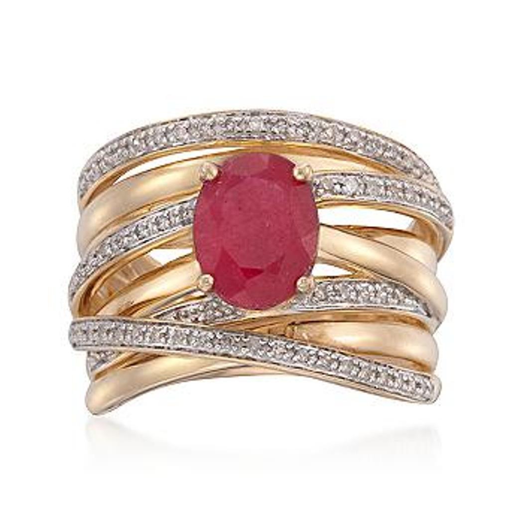 2.30 Carat Ruby and .20 ct. t.w. Diamond Multi-Row: 2.30 Carat Ruby and .20 ct. t.w. Diamond Multi-Row Crisscross Ring in 18kt Over Sterling Item#: 786981 Metal: 18kt Gold Over Sterling Silver Finish: Polished Center Stone: Ruby (Color: Red, Quantity: 