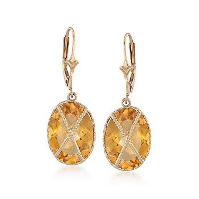 11.00 ct. t.w. Citrine Drop Earrings in 14kt Yellow: 11.00 ct. t.w. Citrine Drop Earrings in 14kt Yellow Gold Item#: 797339 Metal: 14kt Yellow Gold Finish: Polished Backing: Lever Hanging Length: 1 1/8 inches Stones per Earring: 1 Stone 1: Citrine (Colo