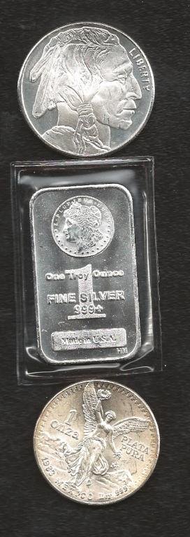 Lot of (3) 1 oz Silver Bullion Items- Bar & Rounds: Morgan design bar being pure silver, 1 oz silver onza, 1 oz silver bufflalo