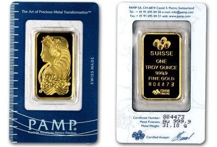 1 oz Pamp Suisse Gold Ingot on Assay Card: From the finest Swiss foundry the Pamp Suisse 1 oz bullion ingot is .9999 pure.