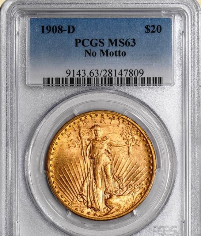 1908-D $20 St. Gaudens MS63 PCGS No Motto: The item is the exact grade and coin as shown. Graded by Respected and industry accepted grader.