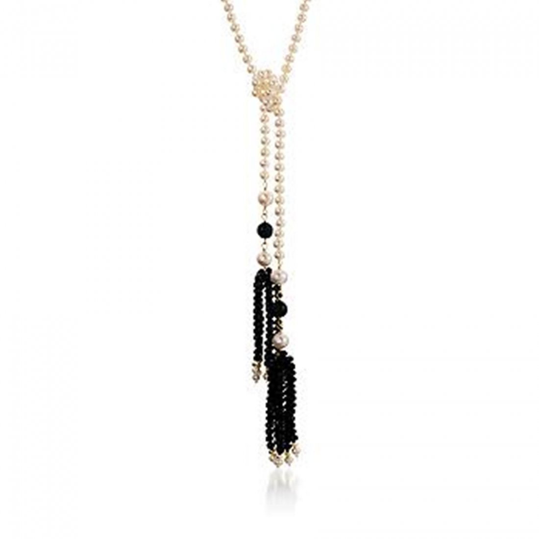 Pearl Lariat Necklace With Black Onyx Tassels in 14kt: Pearl Lariat Necklace With Black Onyx Tassels in 14kt Yellow Gold 770696 Metal: 14kt Yellow Gold Finish: Polished Stone 1: Freshwater Pearl (Color: White, Quantity: 4, Shape: Oval, Size: 8 mm) Stone 2