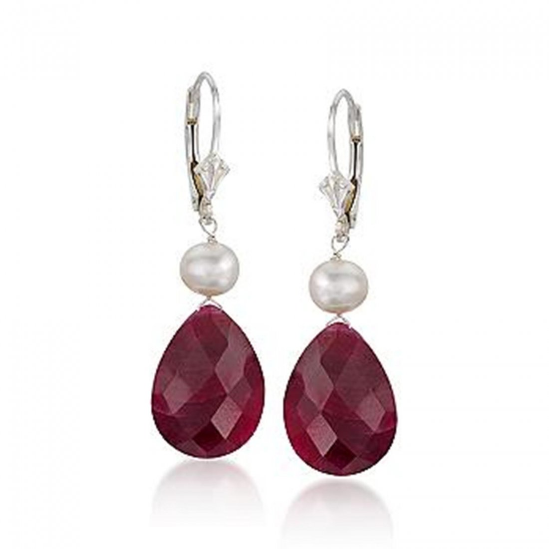 6-7mm Cultured Pearl and 20.00 ct. t.w. Ruby Drop: 6-7mm Cultured Pearl and 20.00 ct. t.w. Ruby Drop Earrings in Sterling Silver 689739 Metal: Sterling Silver Finish: Polished Backing: Lever Hanging Length: 1 1/2 inches Stones per Earring: 2 Stone 1: 