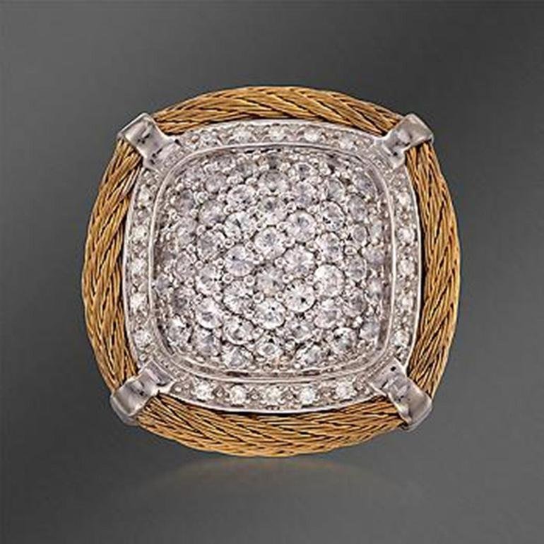 Charriol "Classique" 1.35 ct. t.w. White Sapphire and: Charriol "Classique" 1.35 ct. t.w. White Sapphire and .10 ct. t.w. Diamond Dome Ring in Stainless and 18kt White Gold. Size 6.5 Item#: 787346 Metal: Stainless and 18kt White Gold Finish: Textured and