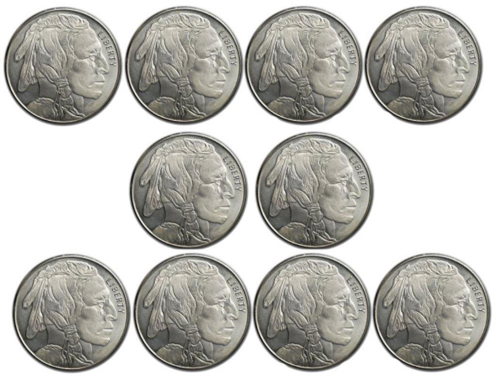 (10) Silver Buffalo Bullion Rounds: These silver rounds are made from 1 oz of .999 fine silver and feature the classic American Buffalo and Native American designs, made popular by designer James Earle Fraser. The American Buffalo silve