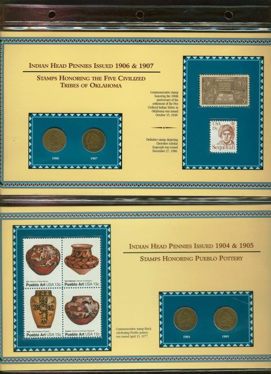 Native American Stamps w/ Indian Head Cents: The item has been shown in a high resolution scan, unenhanced so you can make a educated appraisal for yourself. You as the bidder are responsibe for all value and grades.