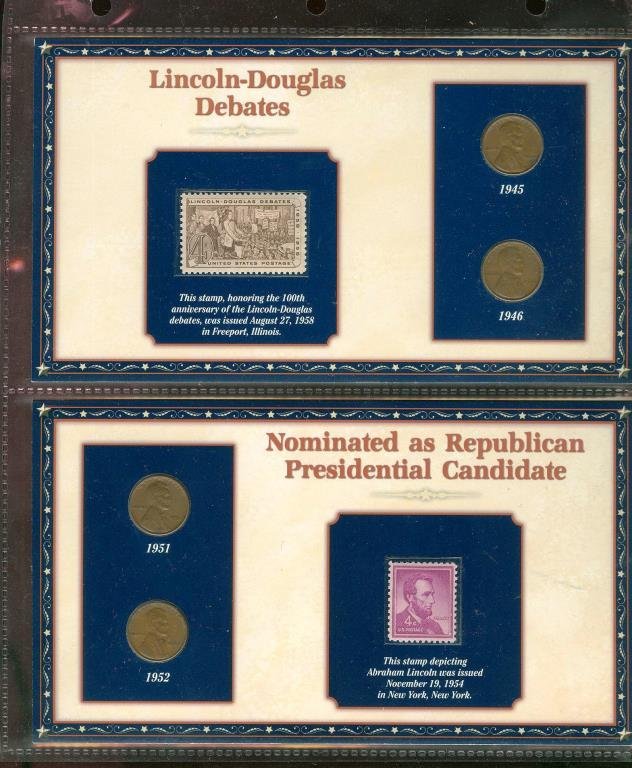Lincoln Cents on mounting Board w/ Stamps: The item has been shown in a high resolution scan, unenhanced so you can make a educated appraisal for yourself. You as the bidder are responsibe for all value and grades.