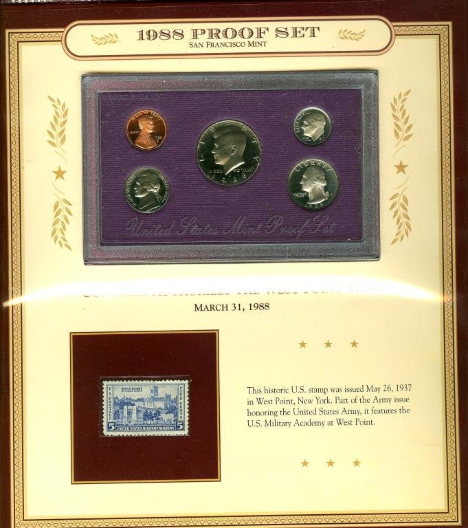 1988 S Proof Set w/ 1937 Stamp on Mount: The item has been shown in a high resolution scan, unenhanced so you can make a educated appraisal for yourself. You as the bidder are responsibe for all value and grades.