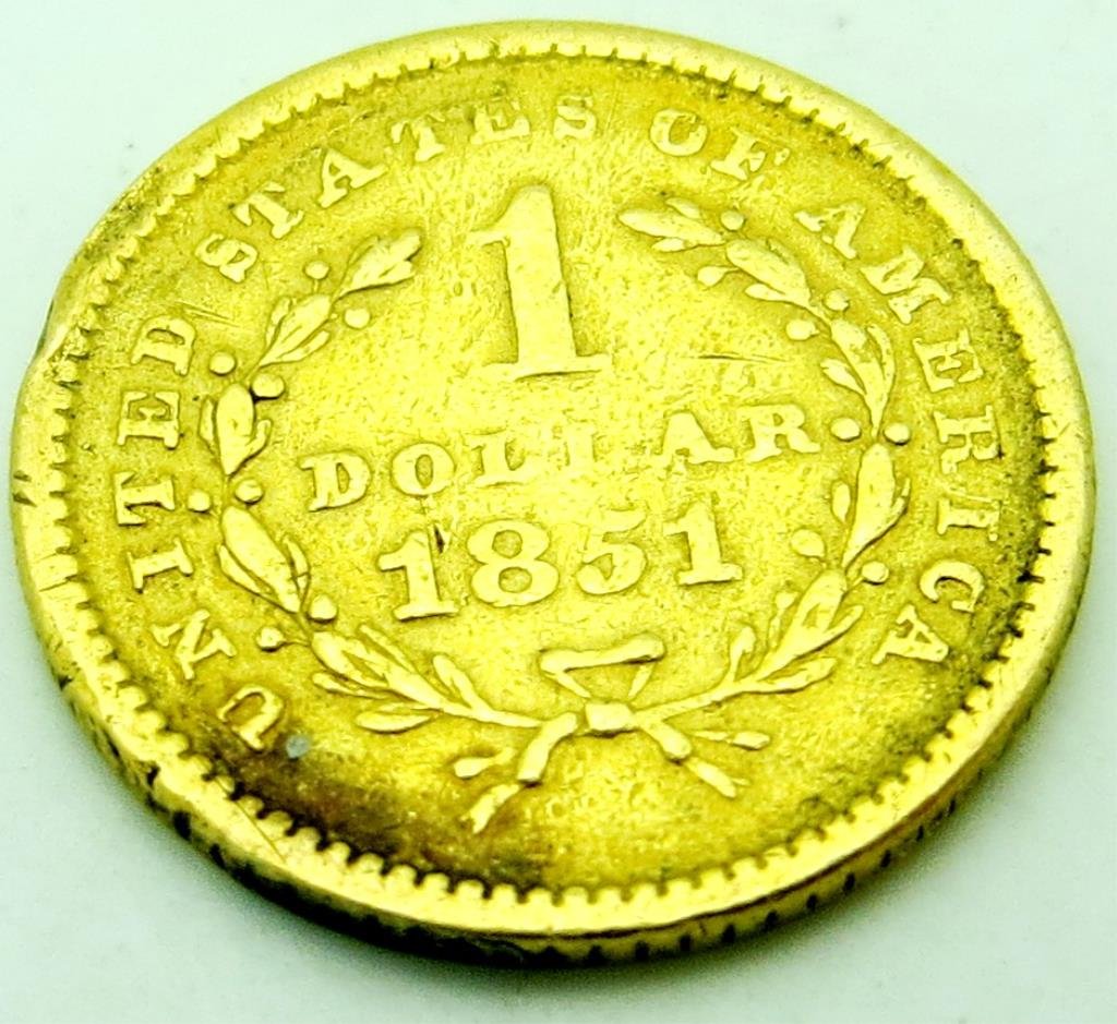 1851 TYPE I $1 Gold Coin: The item has been shown in a high resolution scan, unenhanced so you can make a educated appraisal for yourself. You as the bidder are responsibe for all value and grades.