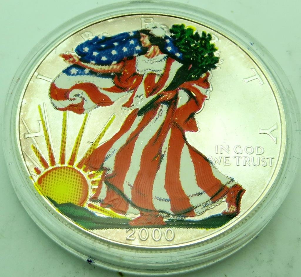 2000 Silver Eagle Patriotic Colored: The item has been shown in a high resolution scan, unenhanced so you can make a educated appraisal for yourself. You as the bidder are responsibe for all value and grades.