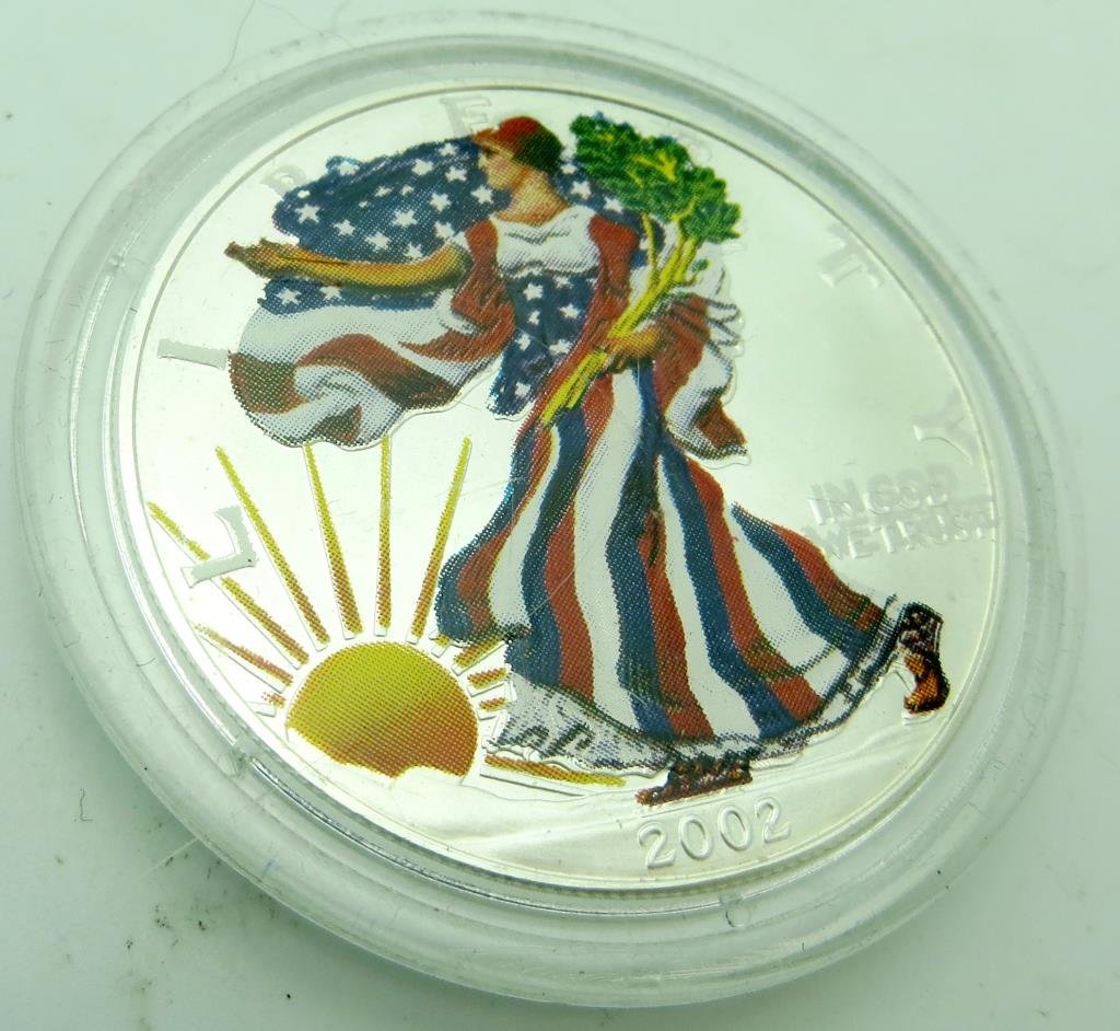 2002 Silver Eagle Patriotic Colored: The item has been shown in a high resolution scan, unenhanced so you can make a educated appraisal for yourself. You as the bidder are responsibe for all value and grades.