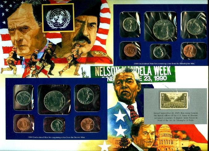 1990 P & D Mint Sets on Storyboard w/ Stamps: The item has been shown in a high resolution scan, unenhanced so you can make a educated appraisal for yourself. You as the bidder are responsibe for all value and grades.