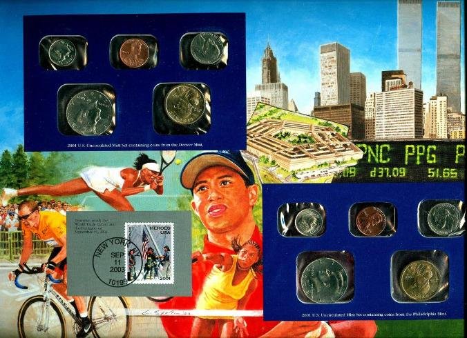 2001 P & D Mint Sets on Stroyboard w/ Stamps: The item has been shown in a high resolution scan, unenhanced so you can make a educated appraisal for yourself. You as the bidder are responsibe for all value and grades.