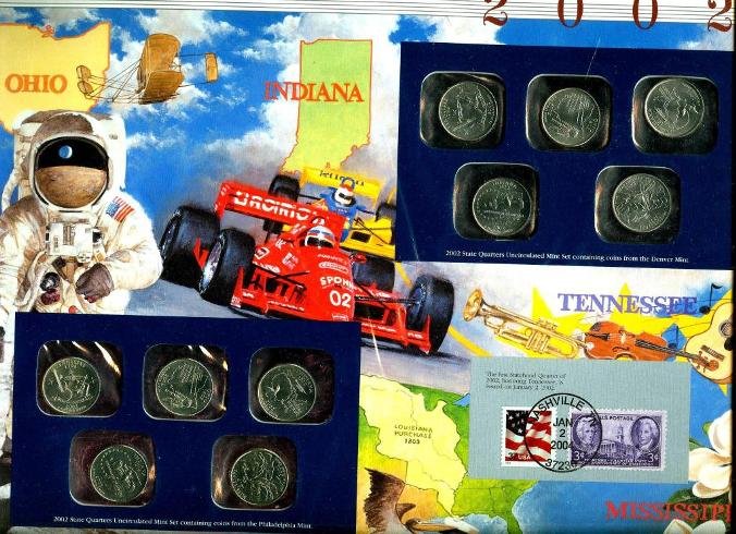 2002 P & D Mint Sets on Storyboard w/ Stamps: The item has been shown in a high resolution scan, unenhanced so you can make a educated appraisal for yourself. You as the bidder are responsibe for all value and grades.