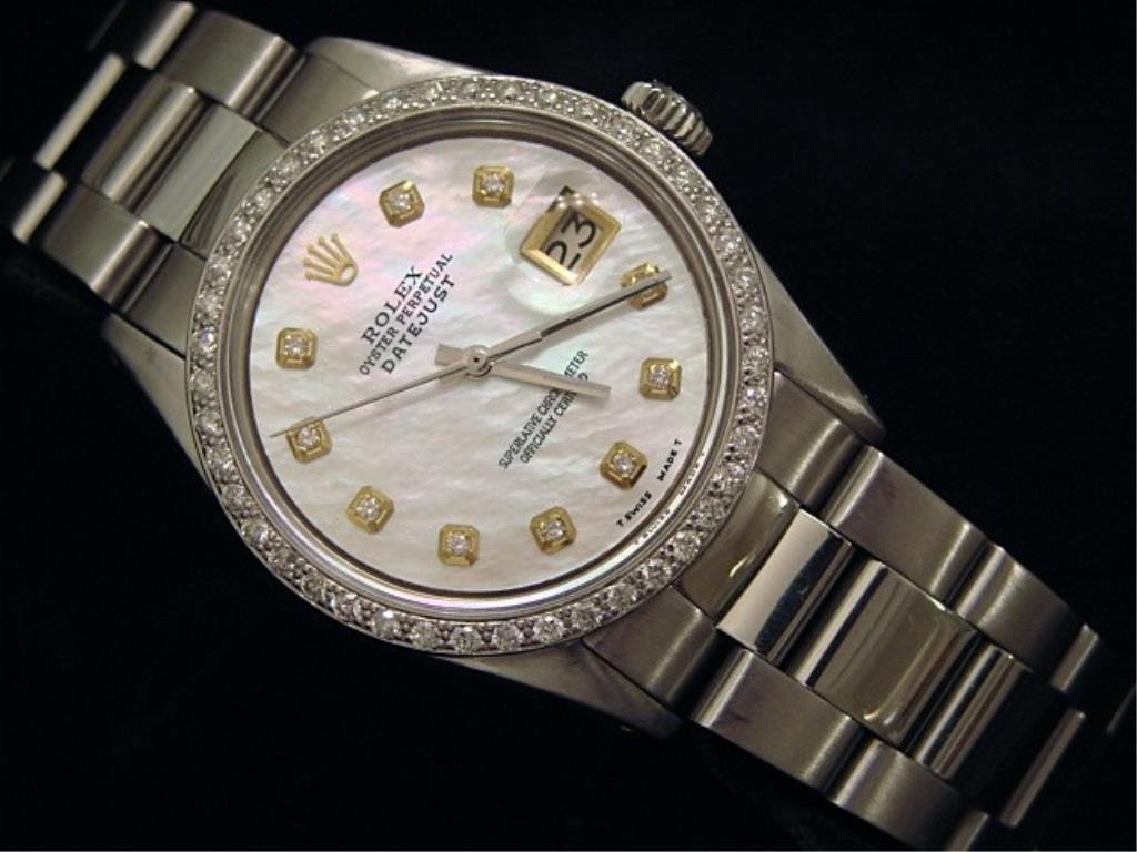 Man's Rolex DATEJUST SS w/ WHT MOP Dias. $26,000: Mens Rolex Datejust Stainless Steel Watch w/White MOP Diamond Dial & Bezel 16030. p-141171489892afs. This is a stunning full size gents model genuine Rolex stainless steel oyster perpetual Datejust wa
