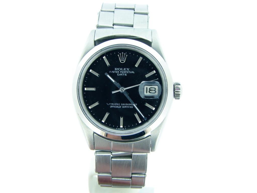 Mens Rolex Date SS Watch w/Black Dial-: Mens Rolex Date Stainless Steel Watch w/Black Dial . Brand: Rolex Model Name: Date Model #: 1500 Gender: MensCase Diameter: 34mm Age: 1960's Condition: Preowned – Excellent Brand new MSRP: $6,300