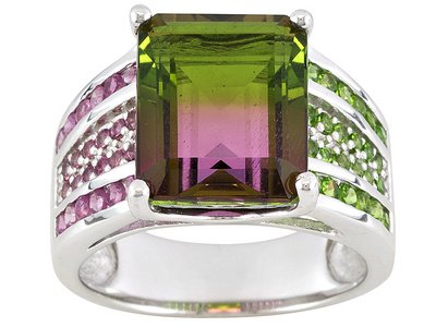 Watermelon Quartz Triplet, Chrome Diopside, And Pink: Watermelon Quartz Triplet, Chrome Diopside, And Pink Tourmaline 6.48ctw Sterling Ring PTH092