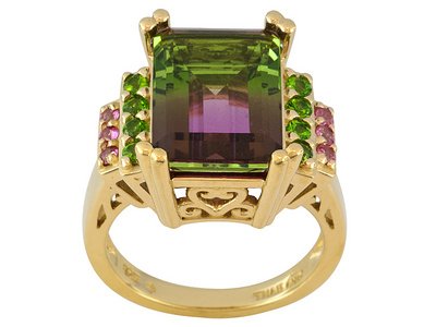 7.97ctw Bi-color Quartz With Chrome Diopside And Pink: 7.97ctw Bi-color Quartz With Chrome Diopside And Pink Zircon 18k Over Sterling Ring SNT7122