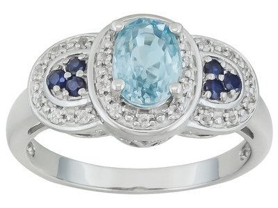 1.26ct Blue Zircon With .22ctw White Zircon And .09ctw: 1.26ct Blue Zircon With .22ctw White Zircon And .09ctw Blue Sapphire Sterling Silver Ring IRH010