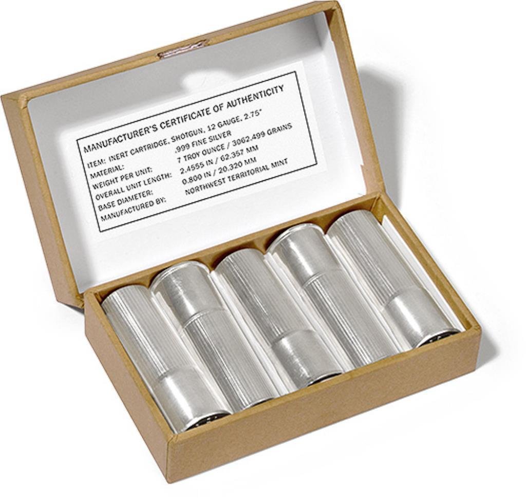 Lot of (5) Inert Pure Silver Shotgun Shells 35 oz: Inert shotgun shell bullion. Bidder is responsible for all grade and value. All sales are final and the bidder acknowledges this with any bid.