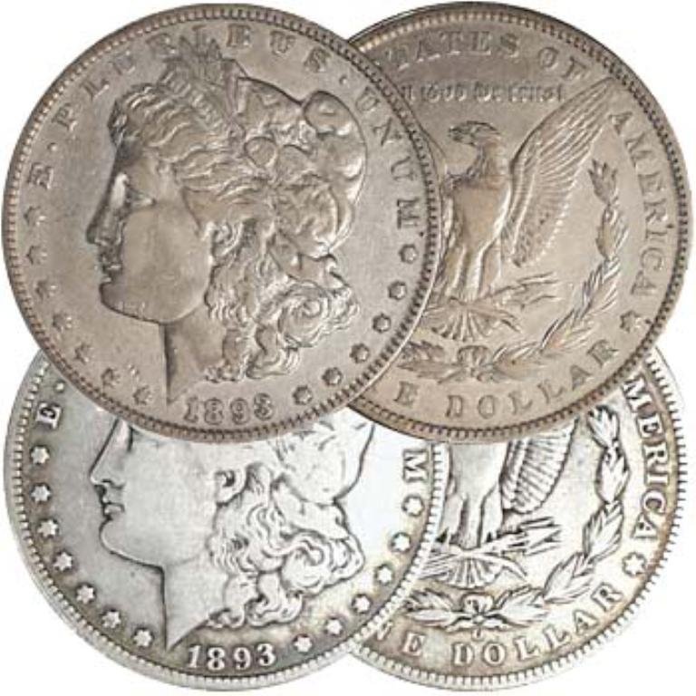 Morgan Silver Dollars 1893-P & 1893 O VG +: Only 378,000 Morgan dollars were issued by the principal Philadelphia Mint in 1893, just a small fraction of average earlier mintages & Lowest-Mintage 1893-O New Orleans Morgan Silver Dollar -- Merely