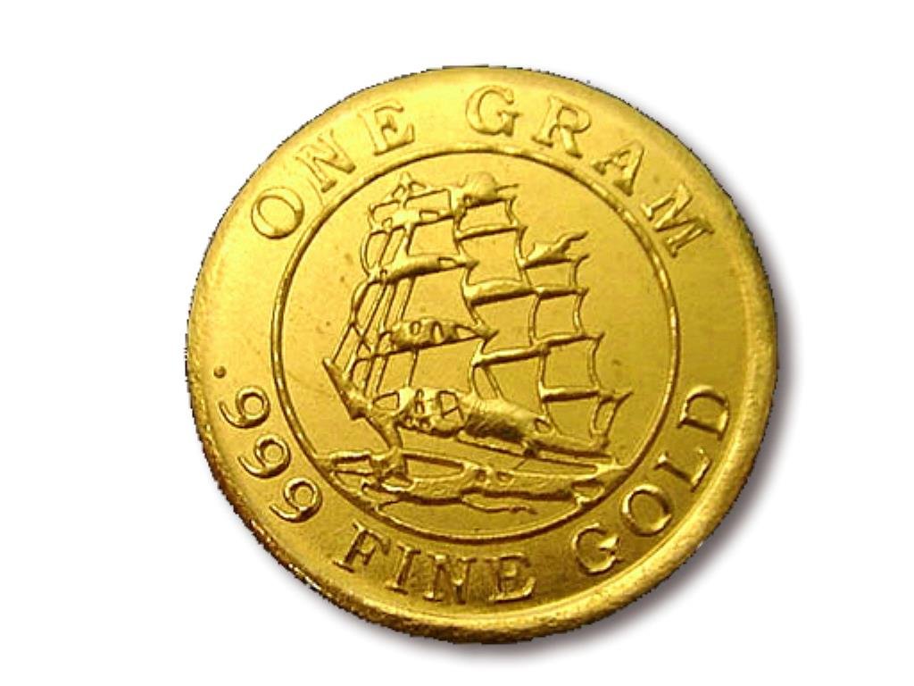 1 Gram Pure Gold Round Sailing Ship Design: A one gram pure gold round with sailing ship design