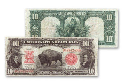 1901 $10 Dollar Legal Tender Bison Currency Note F: Arguably one of the top five most popular U.S. currency bank notes of all time, this $10 Legal Tender Bison Note from the 1901 series pictures Lewis and Clark flanking the central vignette of this emb