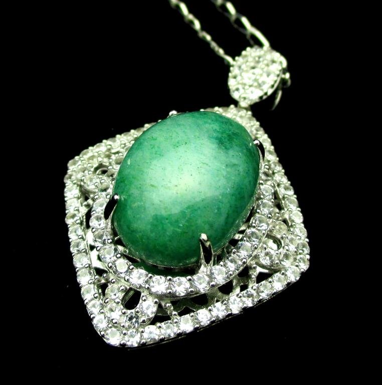 $1765 GG GIA Emerald Green Beryl Pendant: 10.90 carats Emerald green Beryl pendant with 2.37 carats natural white sapphire accents