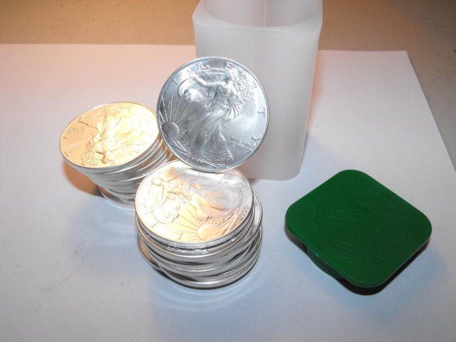Roll of Silver Eagle 1 oz Bullion Coins: A roll of 20 1 oz silver bullion coins
