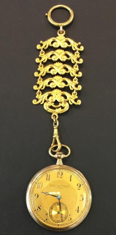 Vasheron & Constantine 18k YG Pocket Watch: A simply stunning 88.31 gram gold pocket watch in 18k YG. This PW has a fine 18k YG Watch fob as well. Vasheron and Constantine is a highly collectible upper end watch maker. This PW is 100% working a