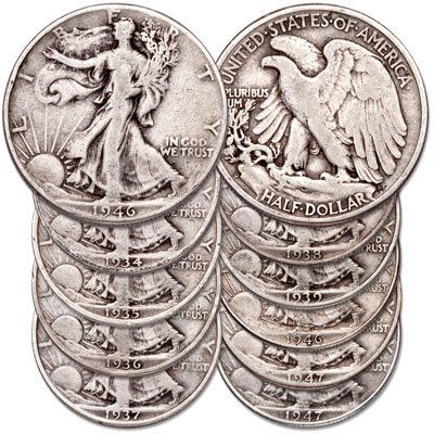 Lot of (10) Walking Liberty Half Dollars (1 of 1)