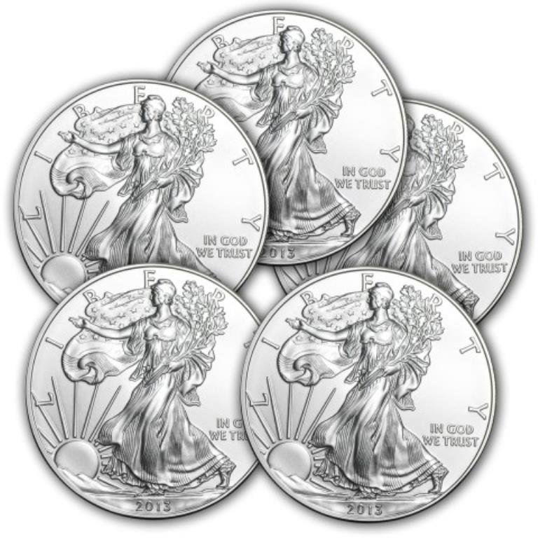 Lot of 5 Random Date US Silver Eagles (1 of 1)