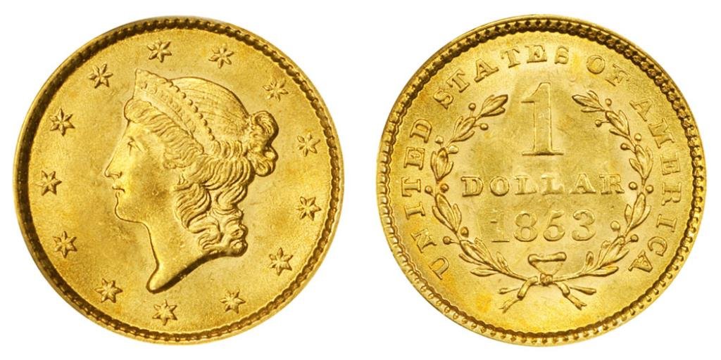 1853 $ 1 Gold Liberty TYPE I - High Grade: Item is as shown in image and bidder is responsible for all value. Any bid is a binding contract. Dates and grade may differ from the image due to the fact we have more than one of the items.