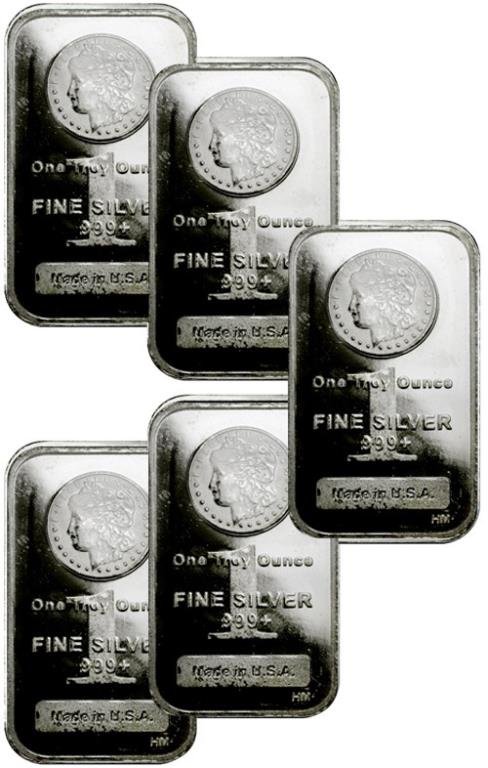 Lot of (5) Silver Bars Morgan Design 1 oz each (1 of 1)