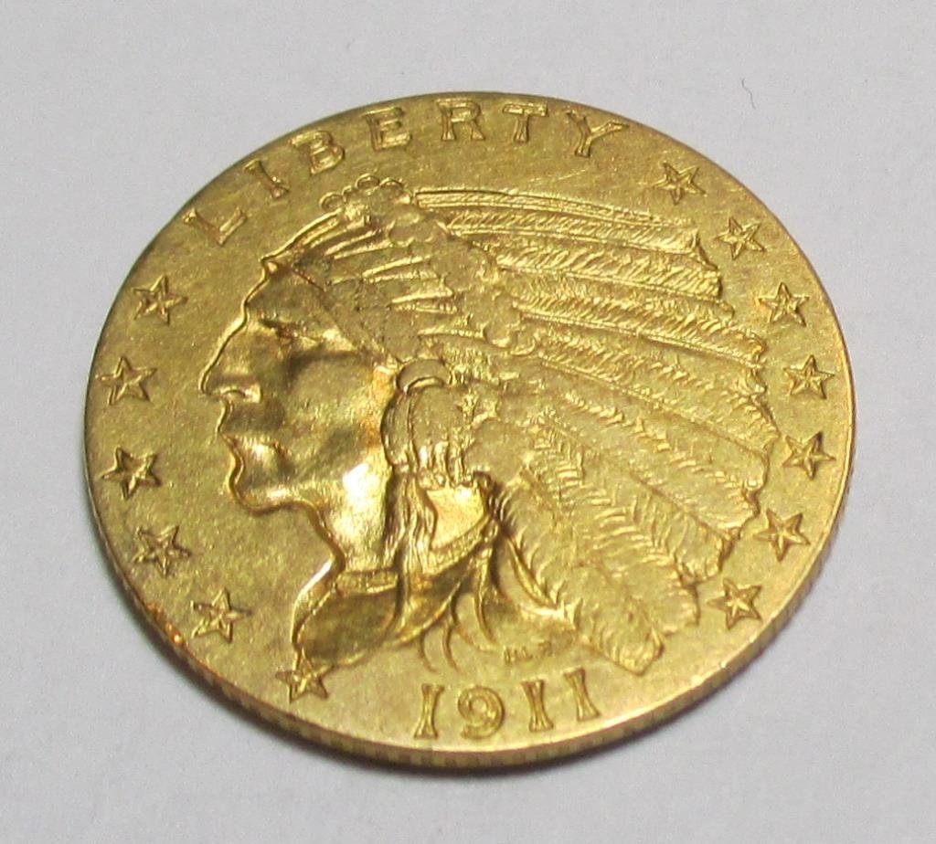 1911 $ 2.5 Gold Indian High Grade: Item is the exact item in image. Bidder is responsible for all grades and values. Any bid is full acceptance of this and all other terms when bidder registered for sale.