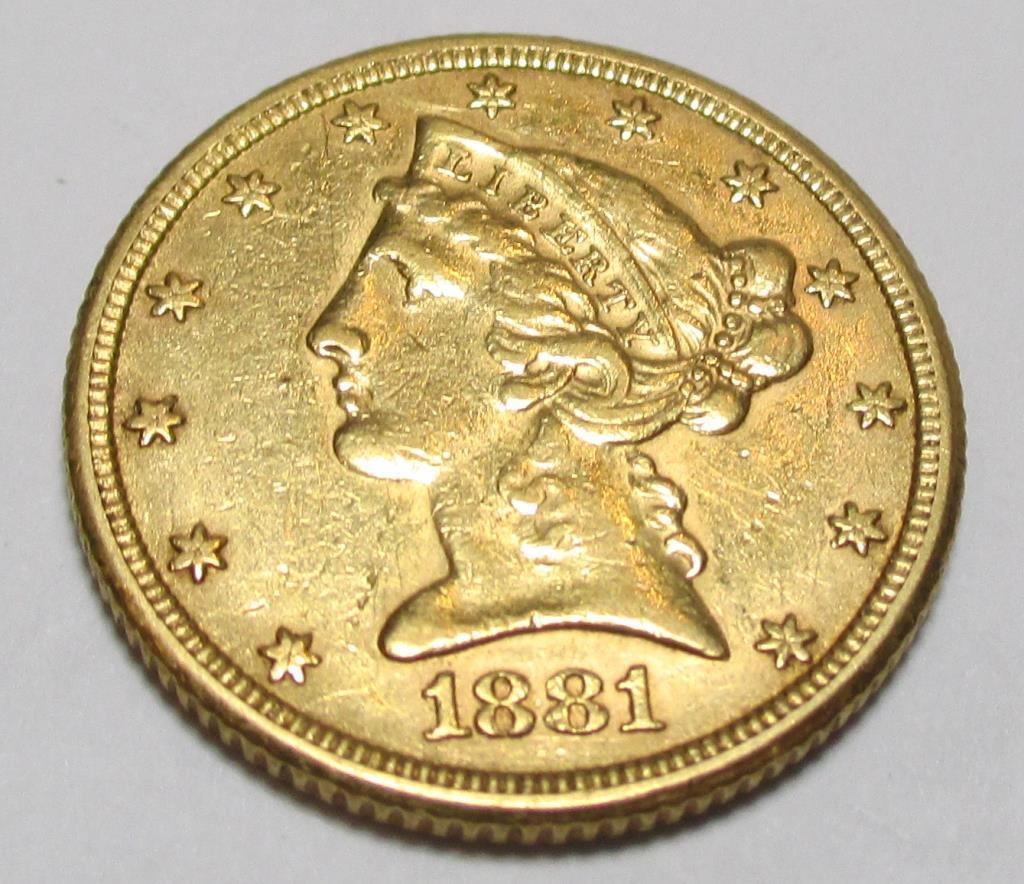 1881 $ 5 Gold Liberty Half Eagle Coin (1 of 2)