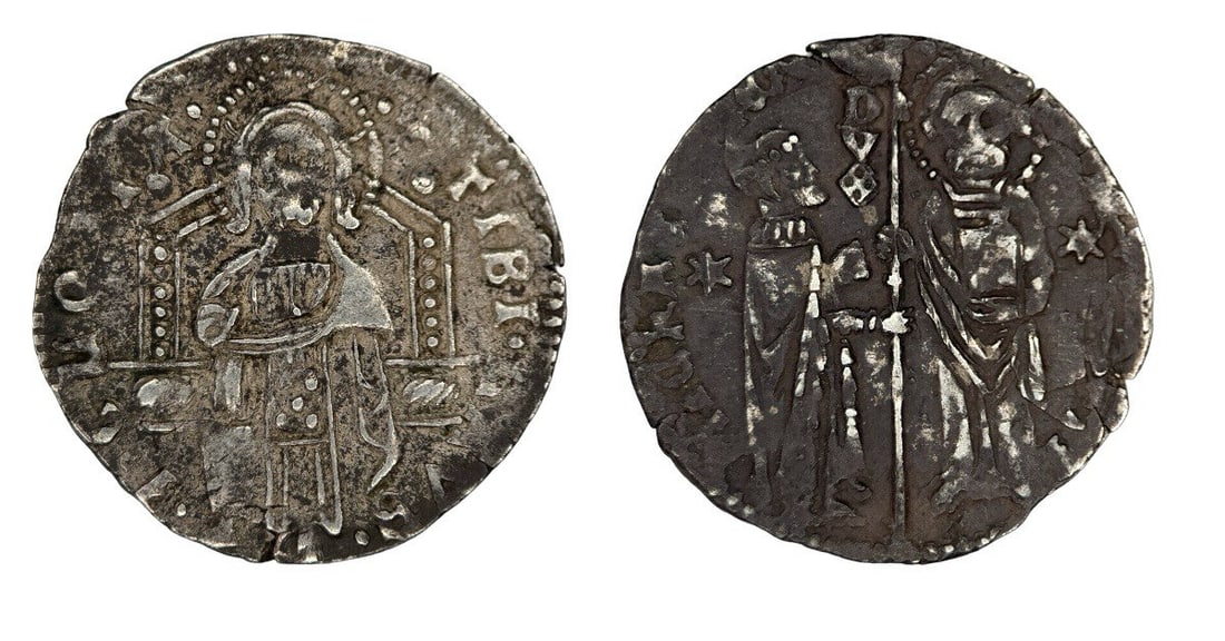Medieval Coins: Italian States, (Venice, Republic). Antonio Venier AR Grosso(1.76g). Doge LXII, 1382-1400. ANTO • VENE[RIO] DVX S M VENETI, Doge and St Mark standing facing, holding banner between them; star in