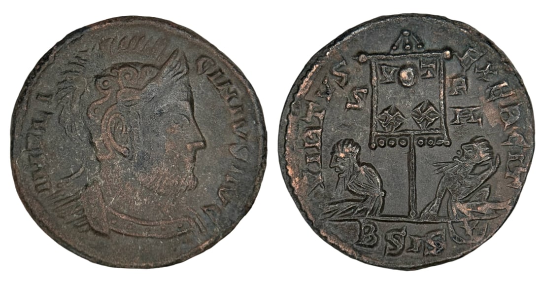 Roman Coins: Roman Imperial Coinage.Licinius I (308 - 324 AD).Follis Bronze Ae (3.11g). 320 AD Siscia.Obverse: IMP LICINIVS AVG. Helmeted and armored bust right.Reverse: VIRTVS EXERCIT / Epsilon SIS star. Vexillum