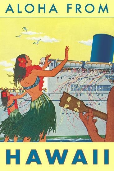 Aloha from Hawaii, Hawaiian Girls Greeting Cruise Ship: Aloha from Hawaii, Hawaiian Girls Greeting Cruise Ship, measures 24 X 36 inches, linen backed