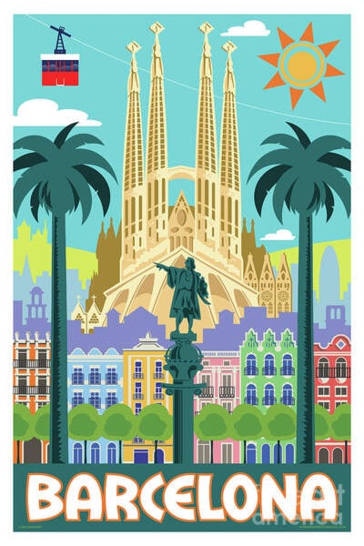 Barcelona Travel Poster: Barcelona Travel Poster - Unknown Printing Date, Measures 26.00 X 36.00 Inches, LInen Backed