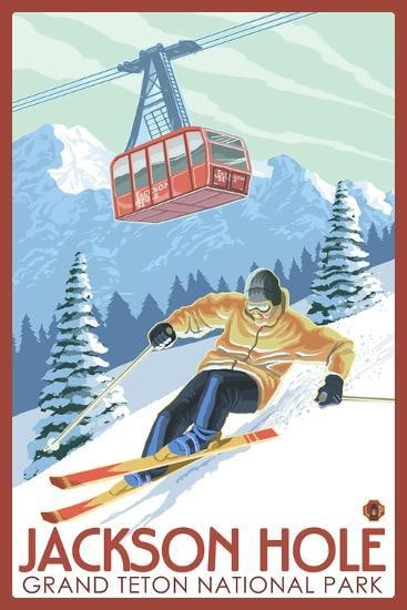 Wyoming Skier and Tram, Jackson Hole: Wyoming Skier and Tram, Jackson Hole, measures 24 X 36 inches , linen backed.