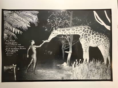 After Kathe Kollwitz Self Portrair Signed Woodcut.: Peter Beard "Maureen Gallagher and Night-Feeder" from Hog Ranch, Feb 1987. Photo printed on high quality glossy paper. Printed later, Unknown printing date. Measures 24 X 36 inches.