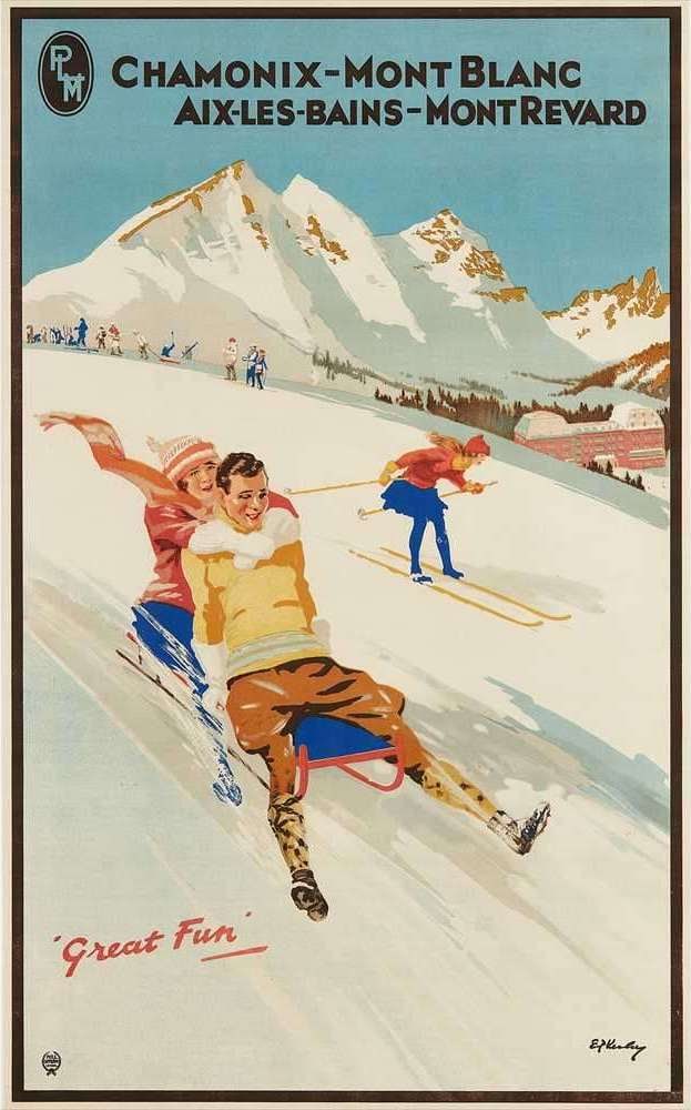 Chamonix, Mont-Blanc, Aix Les Bains, Mont Revard Ski Poster: Chamonix, Mont-Blanc, Aix Les Bains, Mont Revard Ski Poster by Ed Keely on archival quality paper, linen backed. Measures approx. 40x 25 inches