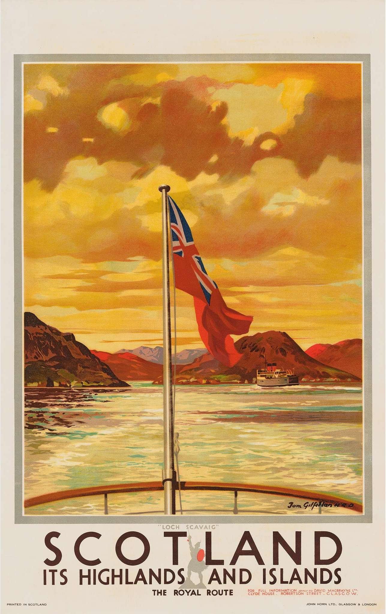 Scotland 'Loch Scavaig' Travel Poster: Scotland "Loch Scavaig" travel poster by Tom Gillfillian on archival quality paper, linen backed. Measures approx. 40x25 inches.