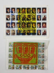 Lot of TWO Keith Haring, silkscreen Stamp Sheets Hand Signed