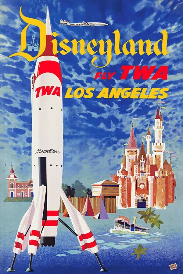 Disneyland Fly TWA Los Angeles Poster: Poster for Disneyland Fly TWA Los Angeles from USA 1955. Archival paper, linen backes. Measures approx. 20x30 inches.