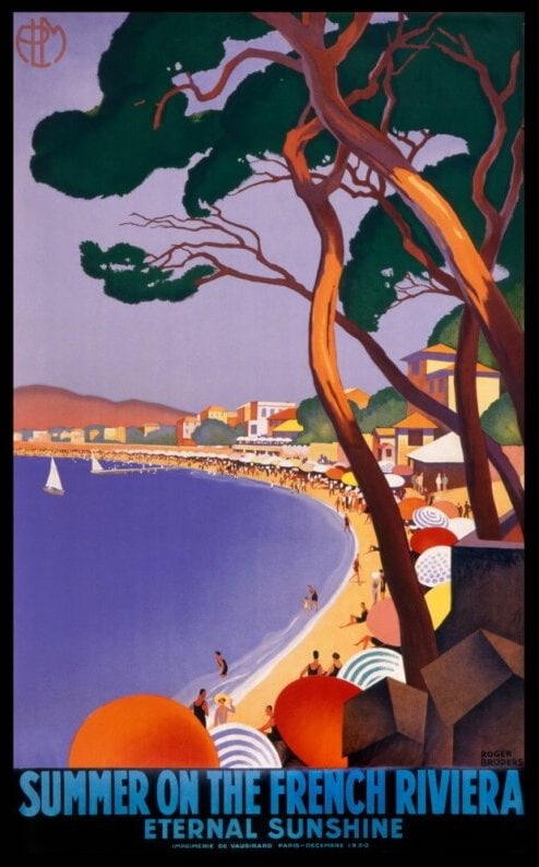 Summer on the French Riviera Eternal Sunshine, Tourism poster.: Summer on the French Riviera Eternal Sunshine, Tourism poster. c. 1930. Unknown printing date, archival paper, linen backed. Measures approx. 31.5x 22 inches.