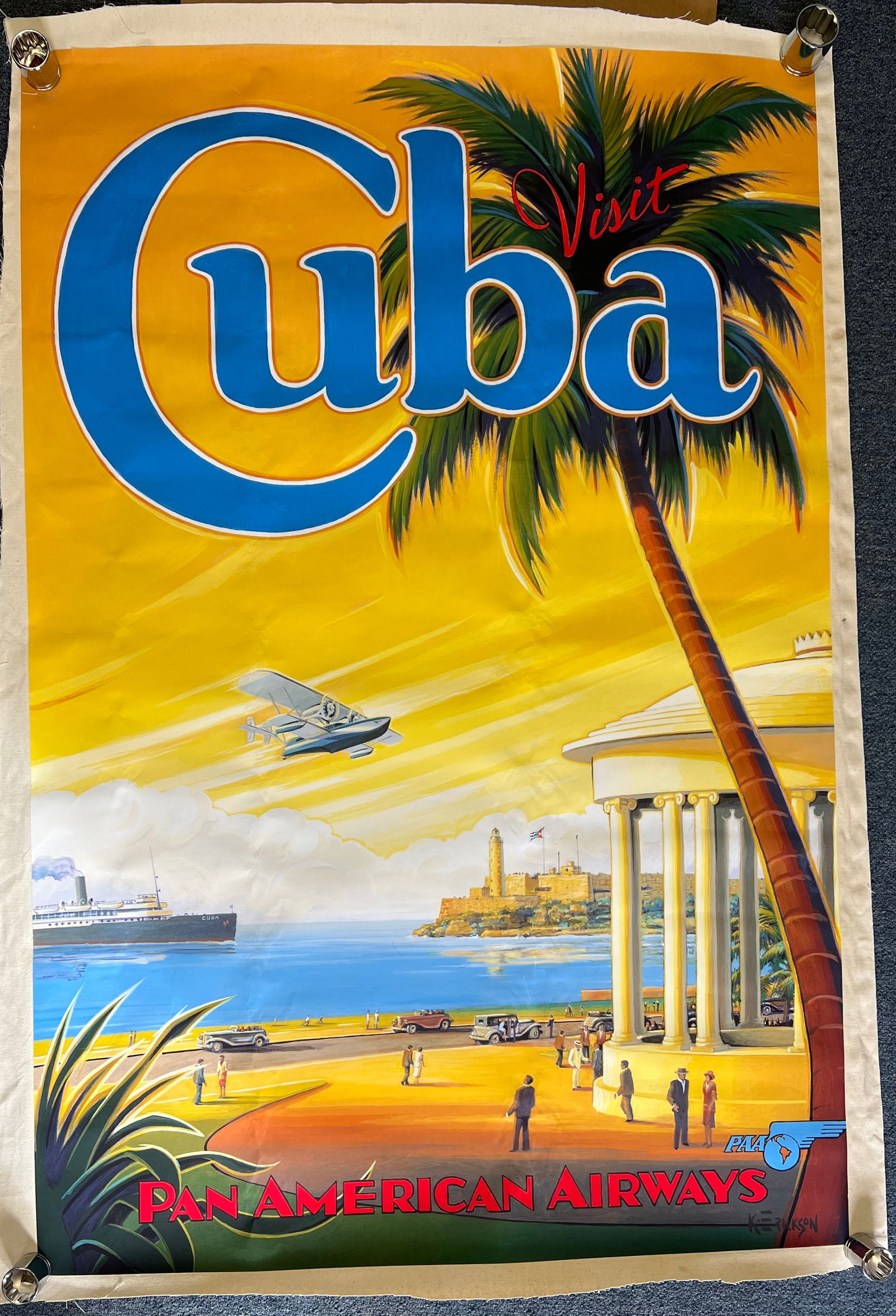 Visit Cuba Pan Am Poster: Cuba travel poster for Pan American Airways. Unknown print date, on archival paper, linen backed. Measures approx. 36x54 inches.